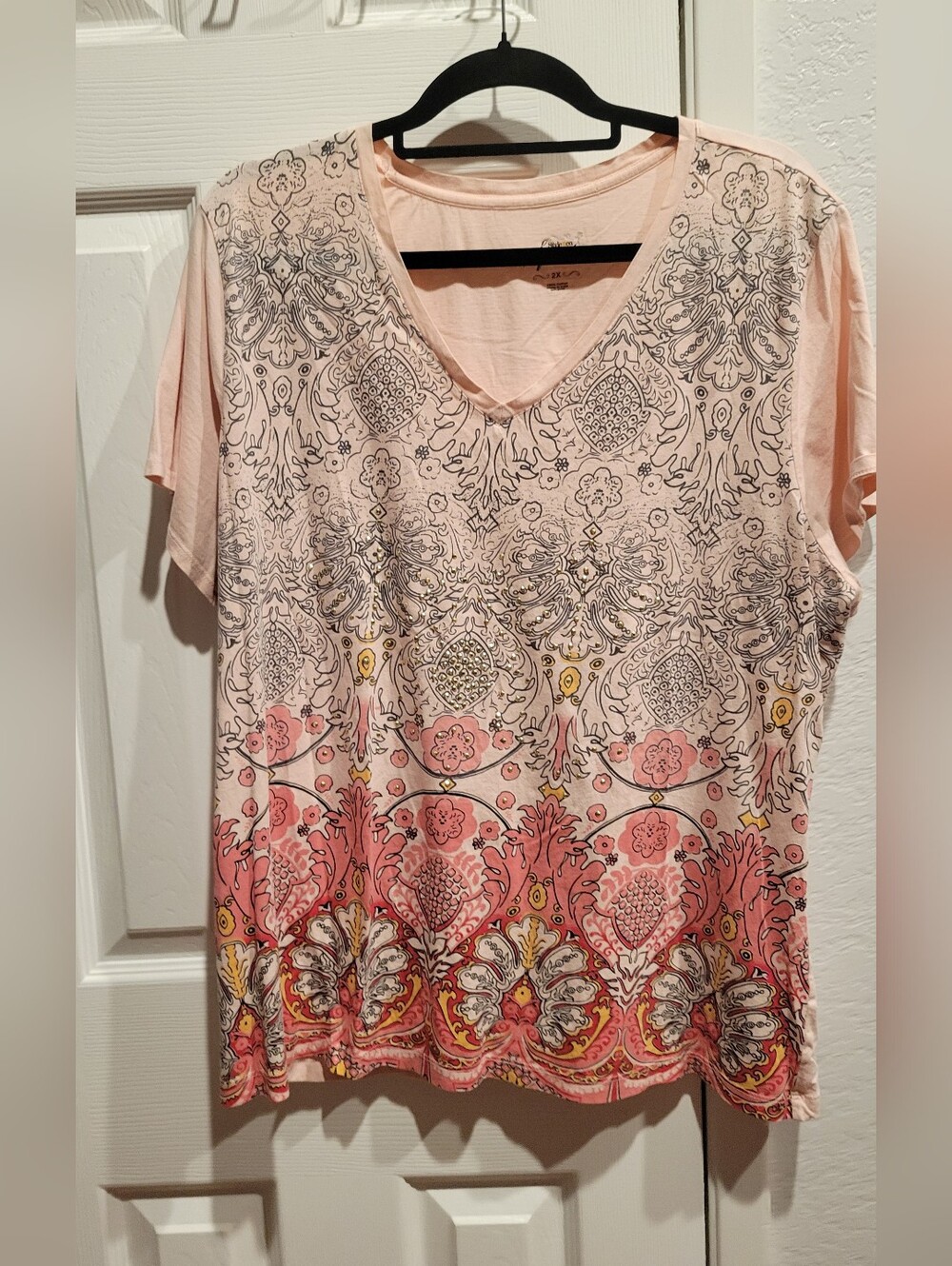 Style & Co Women's V-Neck Short Sleeve Blouse - Pink Floral Print